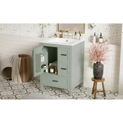 Meuble-lavabo moderne de 24 pouces pour salle de bain compacte avec lavabo en céramique, armoire à fermeture en douceur et porte à double tablette facile à assembler, tiroir divisé,