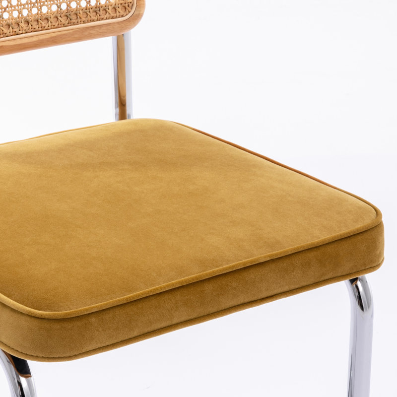 Yellow Velvet Upholstered Side Chair with Chrome Legs and Cane Back