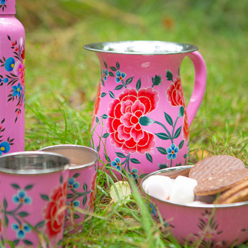 East Urban Home Hand-Painted Picnic Water Jug - 1.7L - Raspberry Peony, Pink