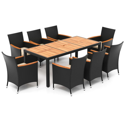 Red Barrel Studio® 9 PCS Outdoor Dining Set with Acacia Wood Tabletop, Umbrella Hole, Seat Cushions