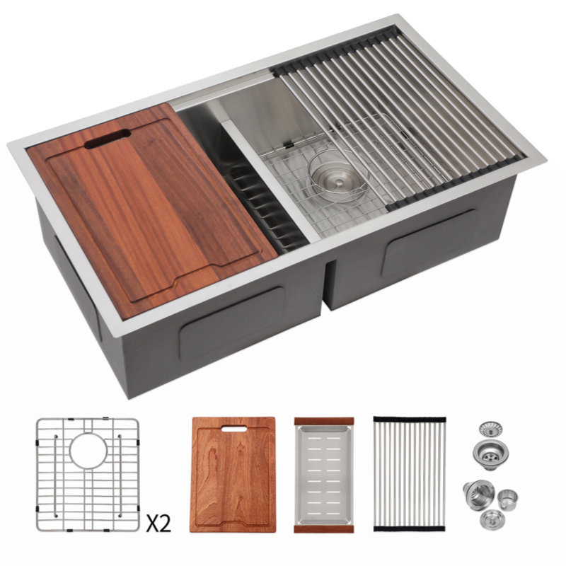 Évier de cuisine encastré à double cuve 50/50 en acier inoxydable de calibre 16 33 po x 19 po avec 2 cuves profondes de 10 po