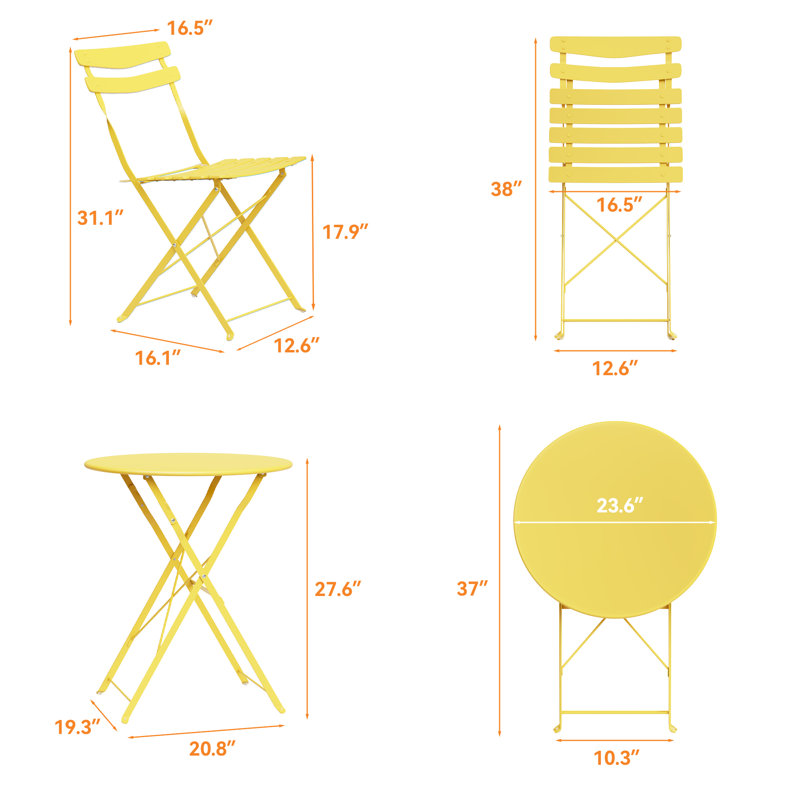Aptliton 3-Piece Collapsible Patio Bistro Set - No Assembly Foldable Outdoor Table and 2 Chairs, Space-Saving Metal Furniture for Balcony, Garden & Porch, Yellow
