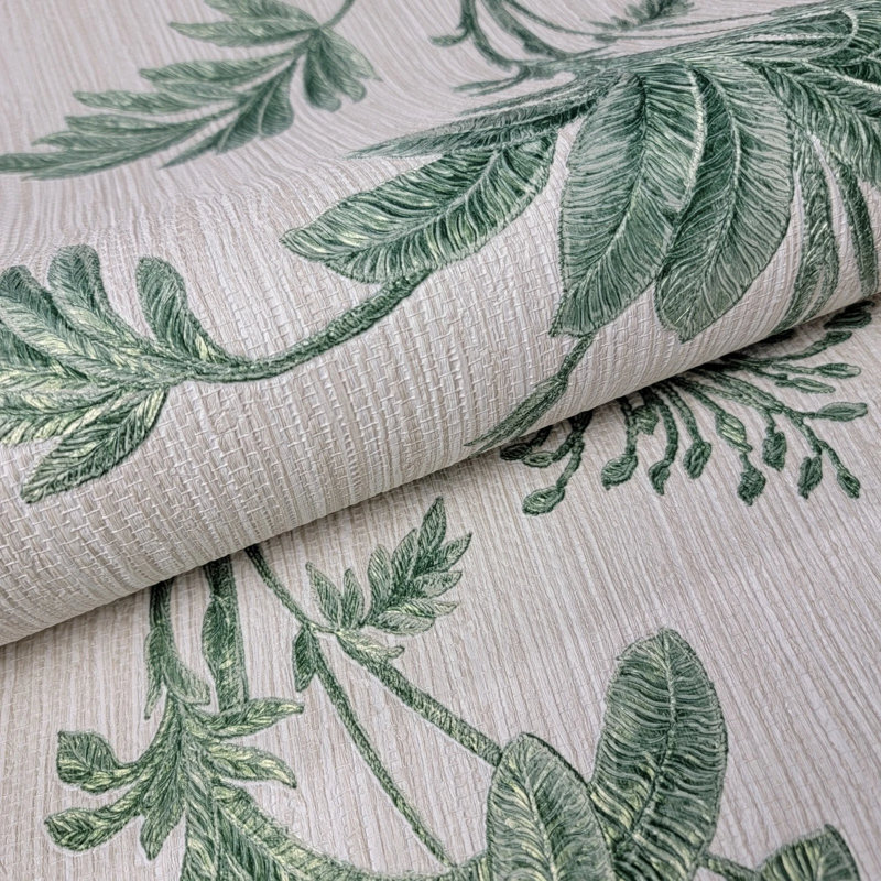 Papier peint texturé vert et blanc avec feuilles de bananier tropicales