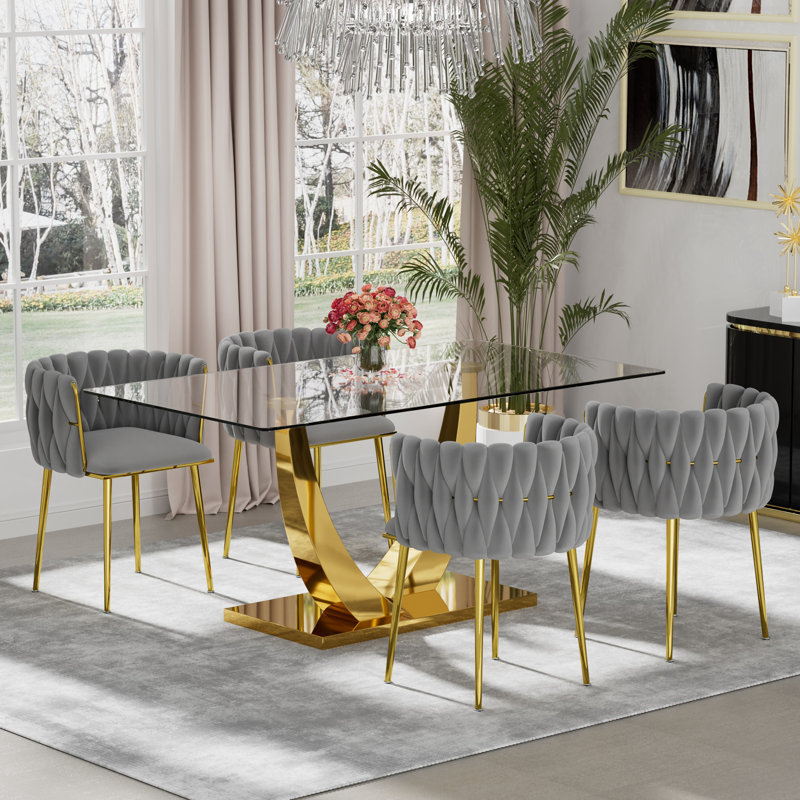 Rectangle Pedestal Dining Set with Woven Dining Chair, Dark Gray, Gold