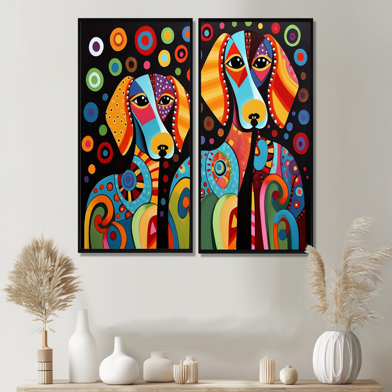 Portrait de deux teckels rétro géométrique - art mural multicolore, H 40 po x l 40 po, Impression encadrée flottante, Noir