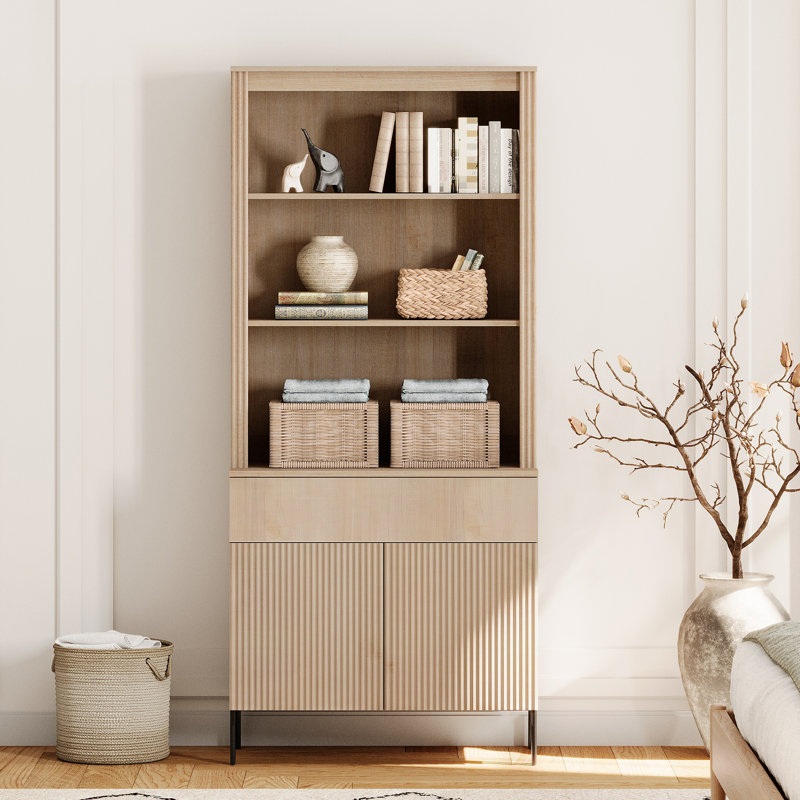 Bibliothèque moderne de 71,6 po à 5 niveaux avec armoire de rangement, vitrine en bois avec portes cannelées et tiroir, bibliothèque polyvalente pour le salon, le bureau et le bureau