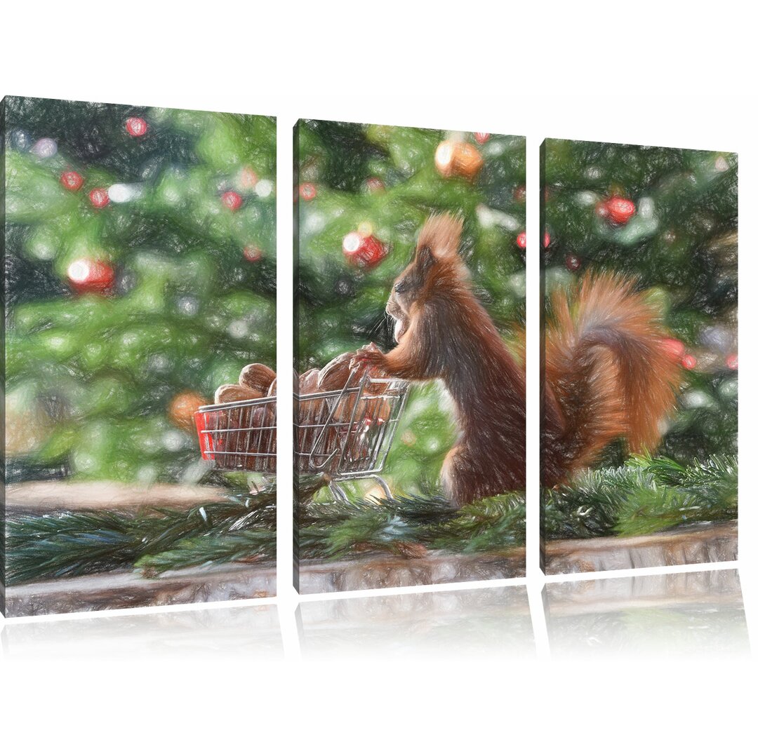 3-tlg. Leinwandbilder-Set „Eichhörnchen Schorschi mit Einkaufswagen“, Grafikdruck