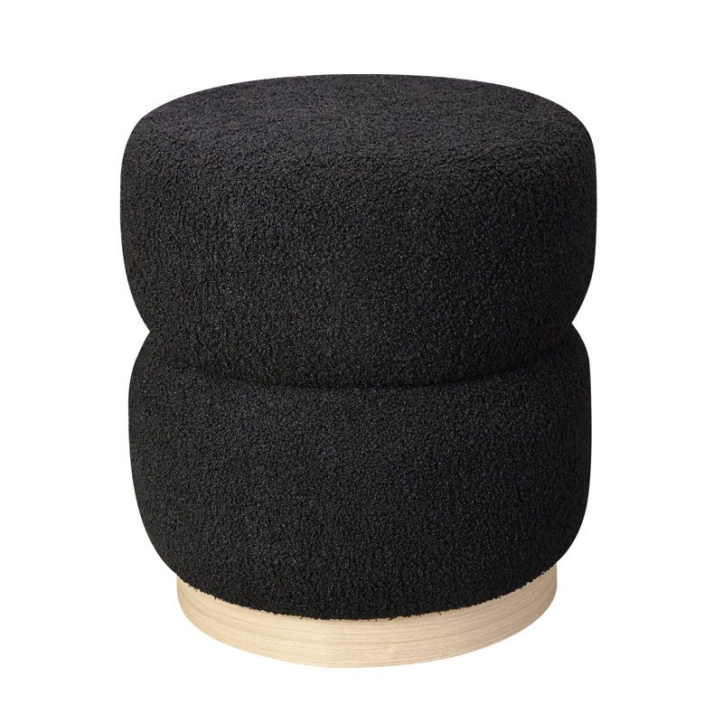 Round Upholstered Ottoman Stool, Black Teddy