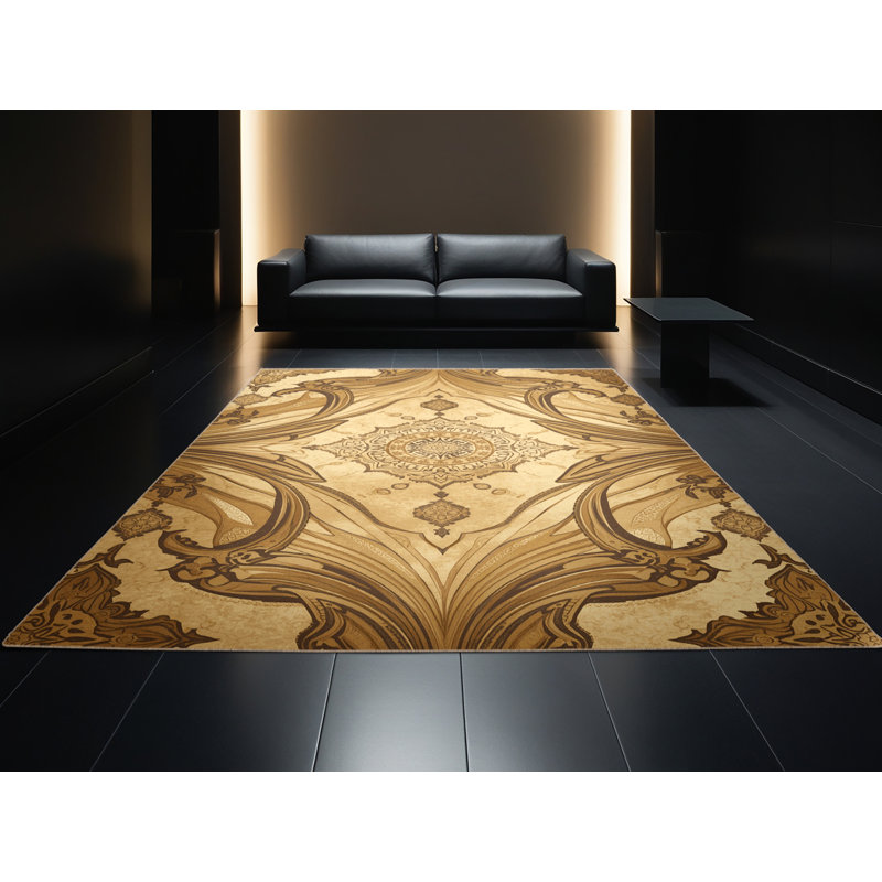 Machine Washable Botkins Ornate Glam Oriental Rug in Brown – Beige Binding, 6x9