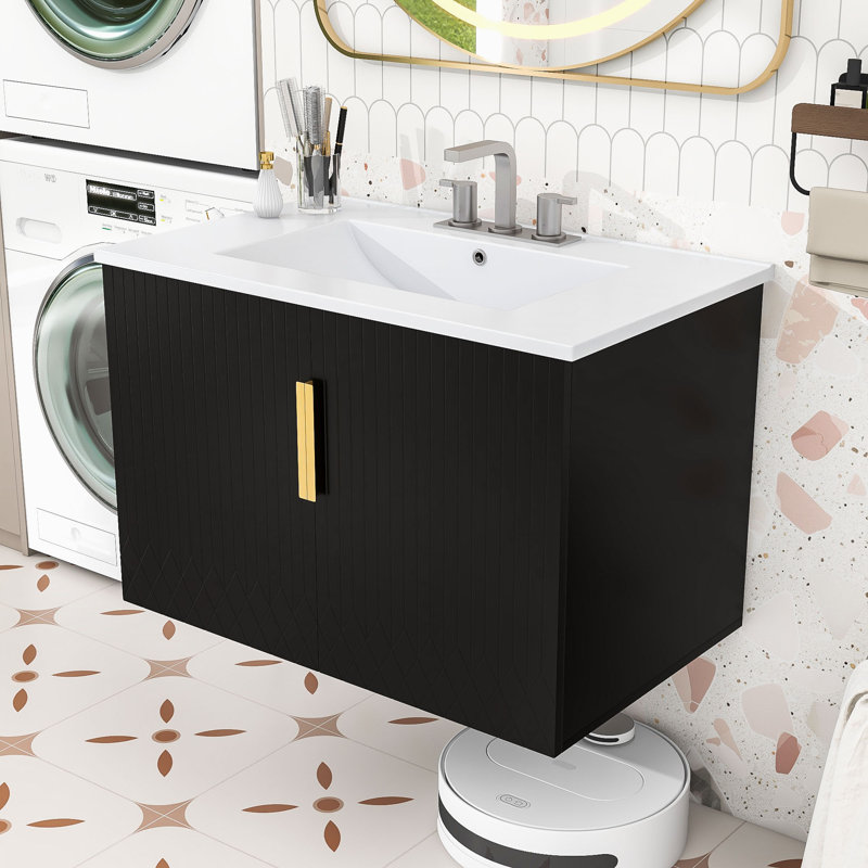 Meuble-lavabo simple mural moderne avec lavabo en céramique lisse et tablette réglable, Noir