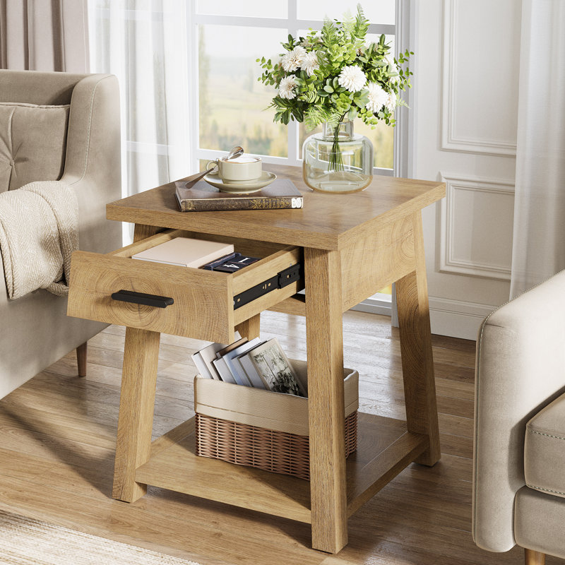 Side Table with Drawer, 2 -Tier Wooden End Table with Shelf Storage