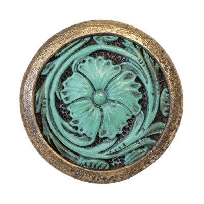 Polyresin Round Faux Tooled Leather Turquoise Flower Drawer Pull Knob