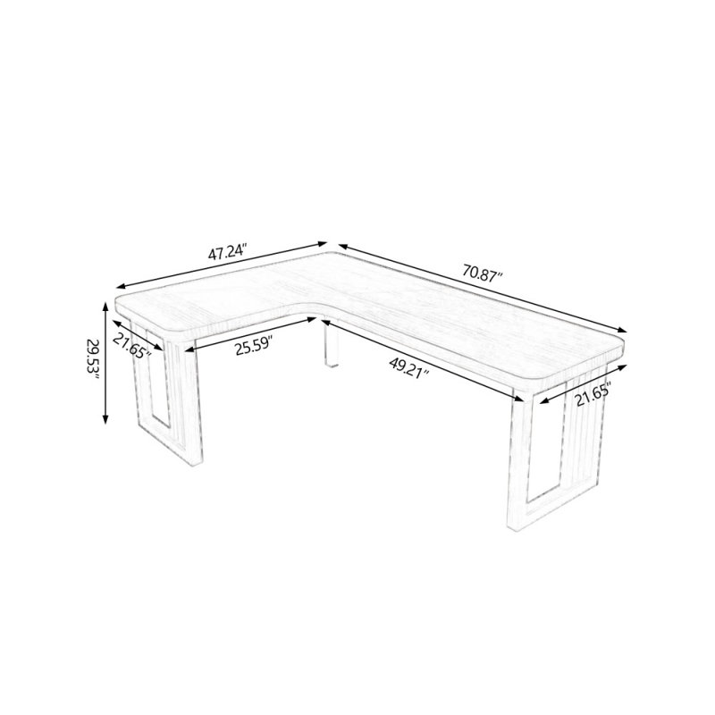 Bureaux rectangulaires en bois massif brun clair, Retour à gauche, H 29,53 po x l 70,87 po x P 47,24 po