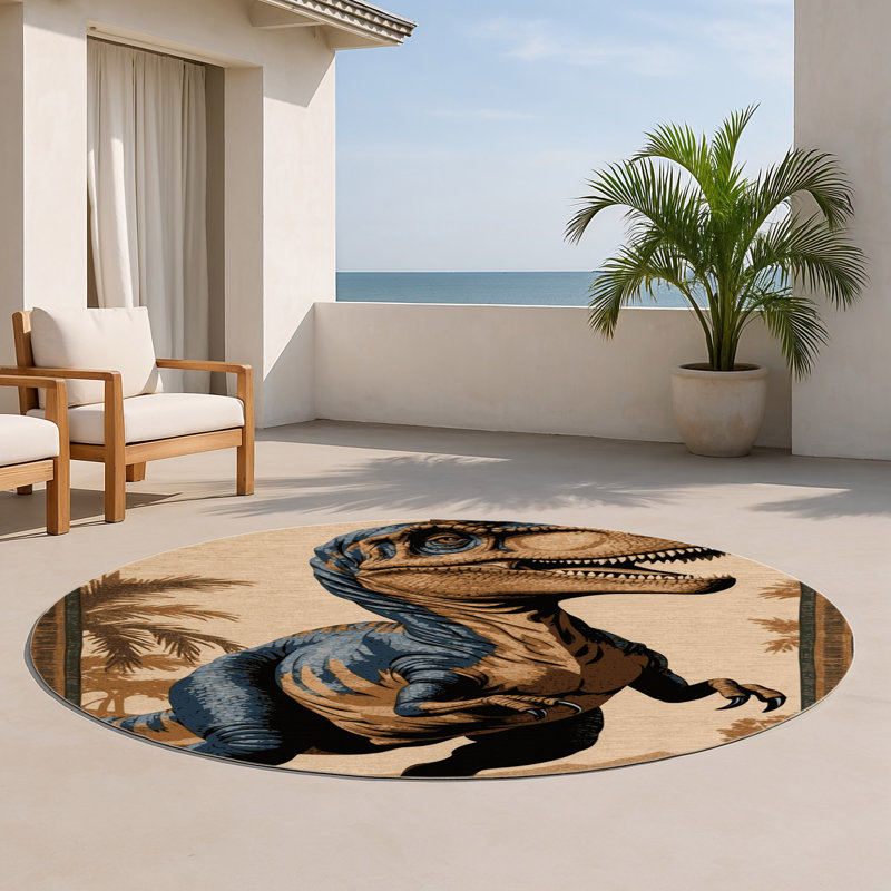Tapis brun intérieur et extérieur Dinosaurs, Rond 5 pi