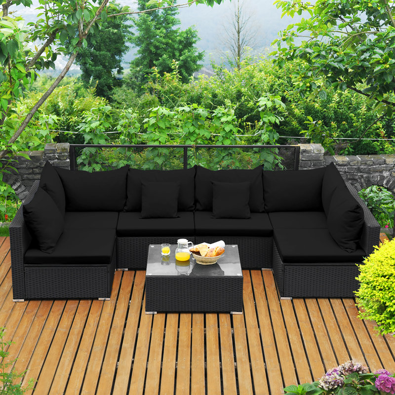 Ensemble de conversation modulaire en rotin 7 pièces avec coussins Finnbar, Noir