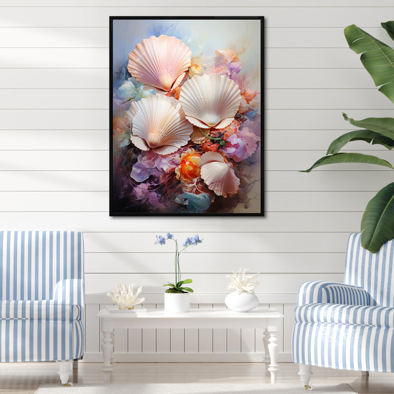 Multicolore coquillages côtiers, collage sur toile III, H 32 po x l 16 po x P 1 po, Cadre flottant noir
