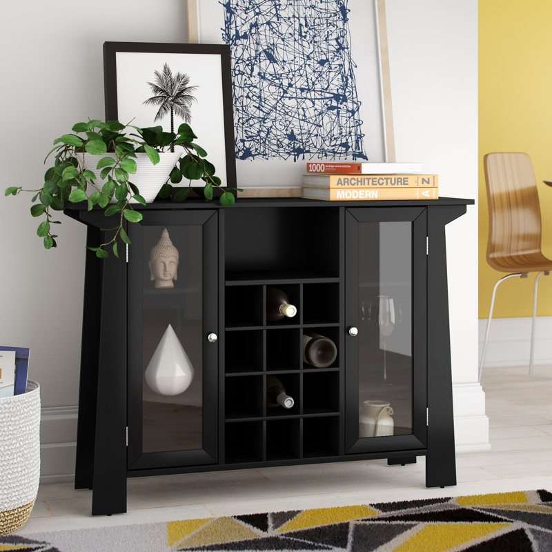 Console en métal Firat avec porte-bouteilles pour 12 bouteilles, armoire pour le bar pour spiritueux avec porte-verres, table de canapé avec tablettes de rangement pour bar, buffet et salon