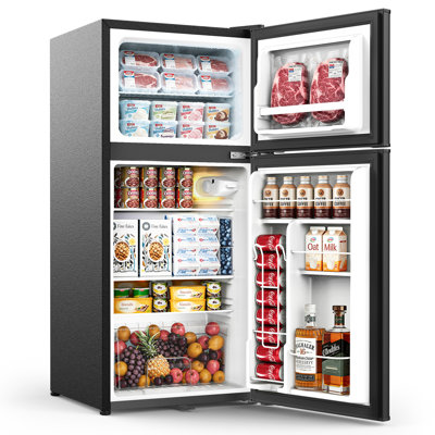 Congélateur à double porte 127L avec serrure, 3 tablettes amovibles, congélateur séparé, pieds réglables, compact, noir