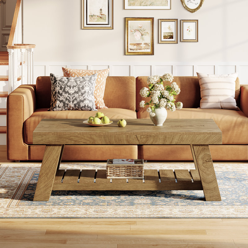 47.24" Farmhouse Rectangular Coffee Table for Living Room, 2-Tier Rustic Accent Table with Storage Shelves
