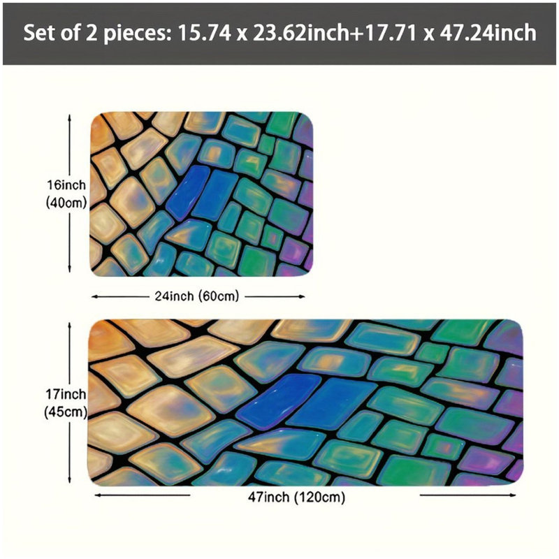 Tapis de cuisine en mosaïque irisée, ensemble de 2 tapis de sol pour la décoration intérieure, tapis de cuisine et de salle de bain