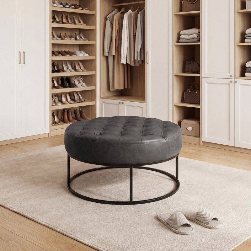 Owen Genuine Leather Round Ottoman, Black