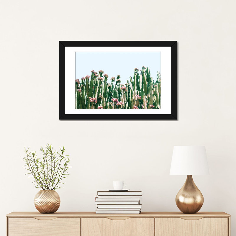 Cactus Blush - impression sur toile tendue, H 16 po x l 24 po x P 1 po, Papier beaux-arts encadré noir, Blanc
