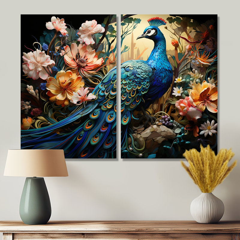 Teal Peacock Parade I - Art mural moderne, H 36 po x l 48 po, Toile tendue, Ne s’applique pas