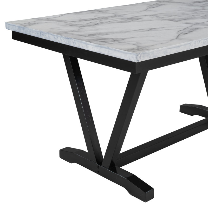 Table de salle à manger de style moderne 6 pièces avec 4 chaises et 1 banc, table avec placages marbrés et pieds en V