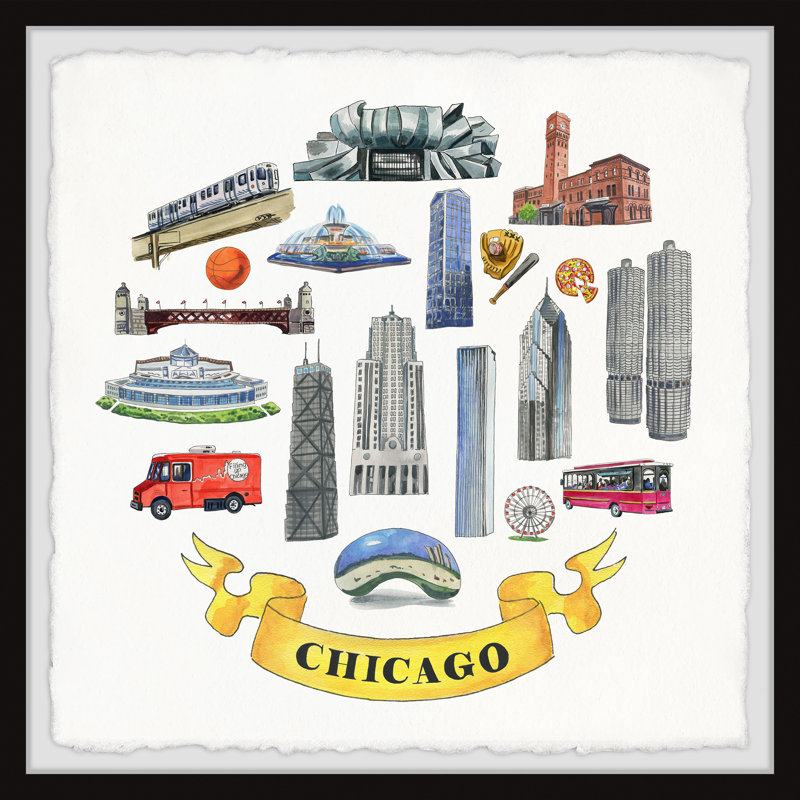 Ultimate Chicago Bucket List - Reproduction d'art sur papier encadrée, H 24 po x l 24 po x 1,5 po