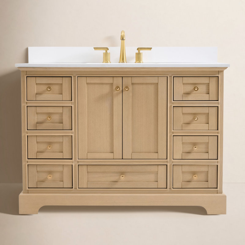 Audrey 48'' W Single Vanity, Oak/Rose Gold, Pure White Quartz