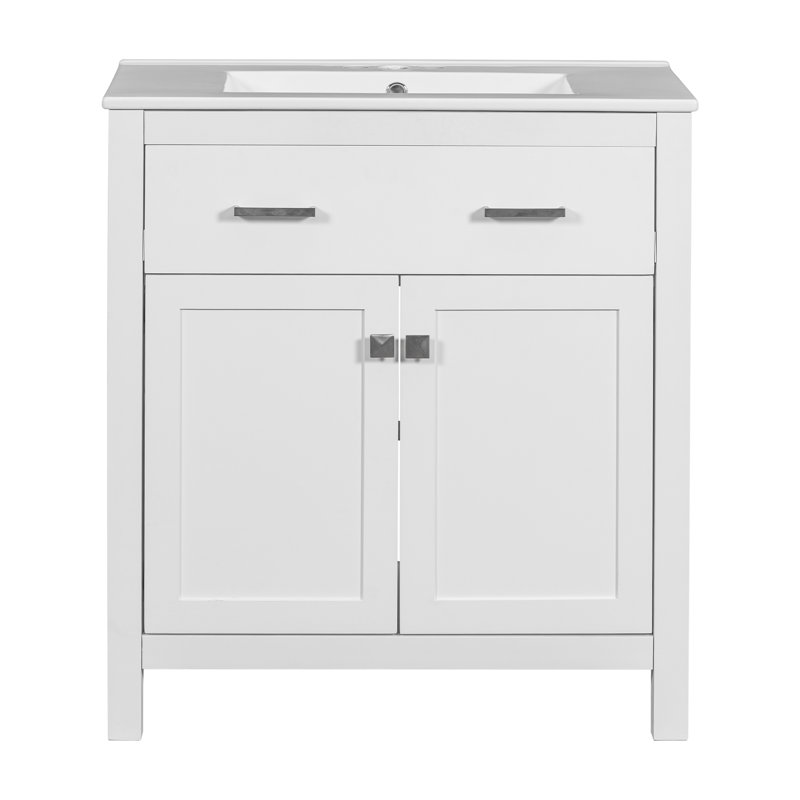 Armoire de salle de bain blanche de 60 po avec charnières à fermeture douce et grand lavabo double avec finition élégante