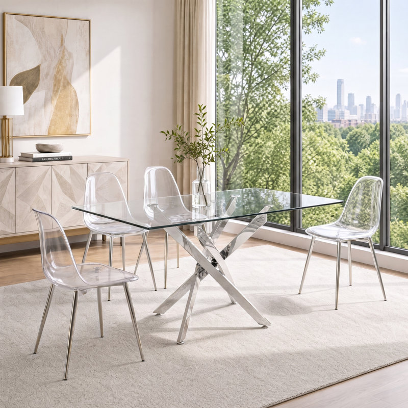 Ensemble de salle à manger moderne en verre trempé 5 pièces avec chaises ergonomiques, 5 Pieces: Table, 4 Chairs