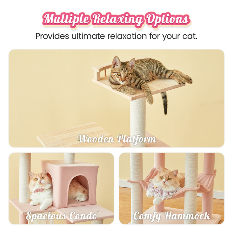 Pink Multi-Level Modern Cat Tree with Hammock and Condo