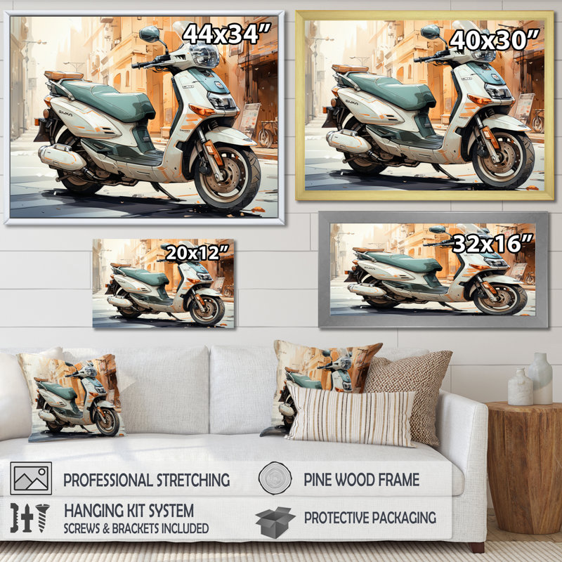 Beige Scooter City Explorer, reproduction d'art sur toile, H 24 po x l 32 po x P 1 po, Cadre flottant blanc