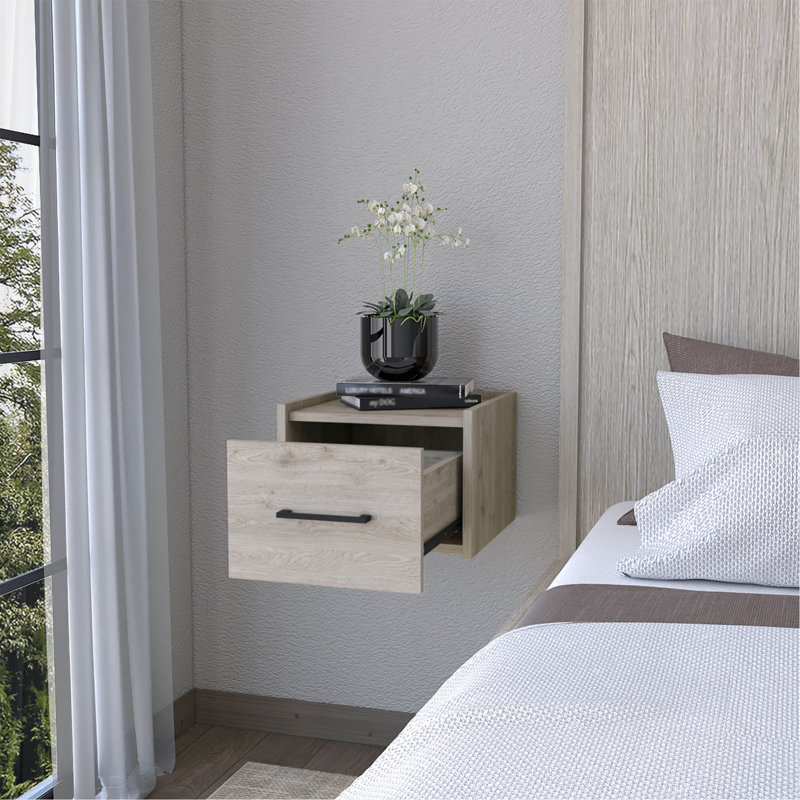 Table de chevet murale Elfrida, conception élégante à un tiroir avec tablette supérieure spacieuse, Gris