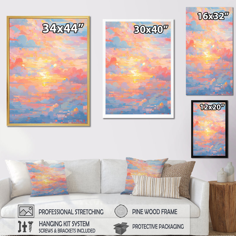 «Blue Peach Interlocking Perspectives» sur toile, H 32 po x l 16 po x P 1 po, Encadrement doré