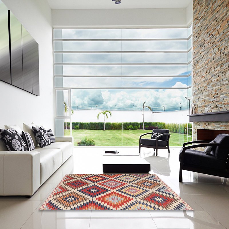 Tapis de zone rouge/bleu contemporaine, Carré 6 pi