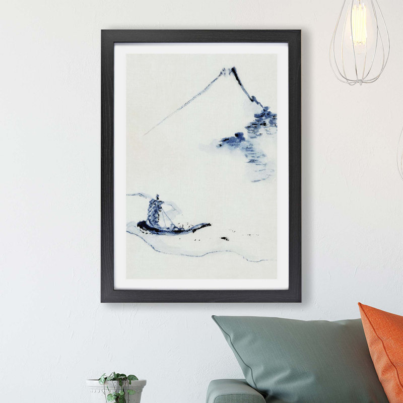 'Boat on A River by Mount Fuji' - Picture Frame Painting Print on Paper, 45cm H x 63cm W x 2cm D, Black
