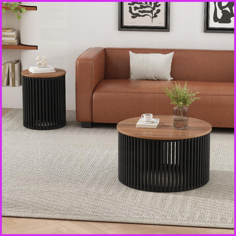 Acacia Wood Coffee Table Set for Living Room, Modern Round Design with Easy Assembly &amp; Versatile Use