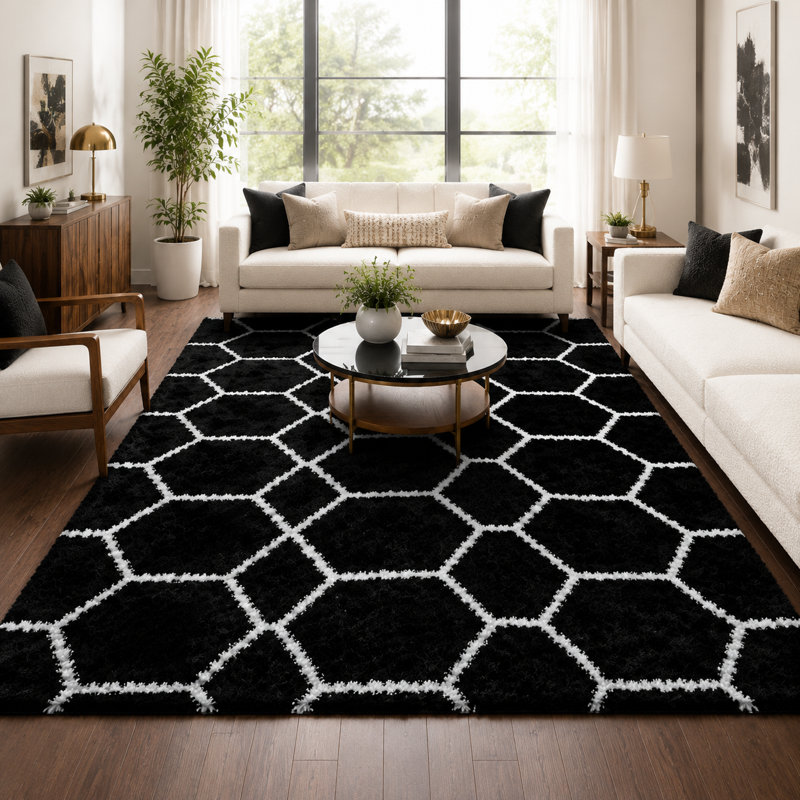 Black & White Geometric Area Rug, Soft Plush Carpet for Living Room Hallway, Festive Holiday Rug for Halloween Christmas, Non-Slip Floor Mat for Home Office, Stylish Hexagon Decor