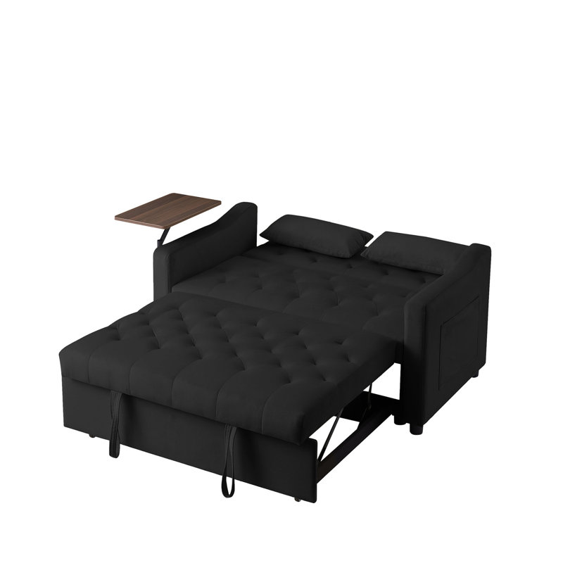 Lit en velours noir avec table d'appoint rotative, conception moderne, se convertit rapidement, 3 positions réglables pour une détente personnalisée, pieds en tissu et en plastique, lit à assemblage simple, 360 °