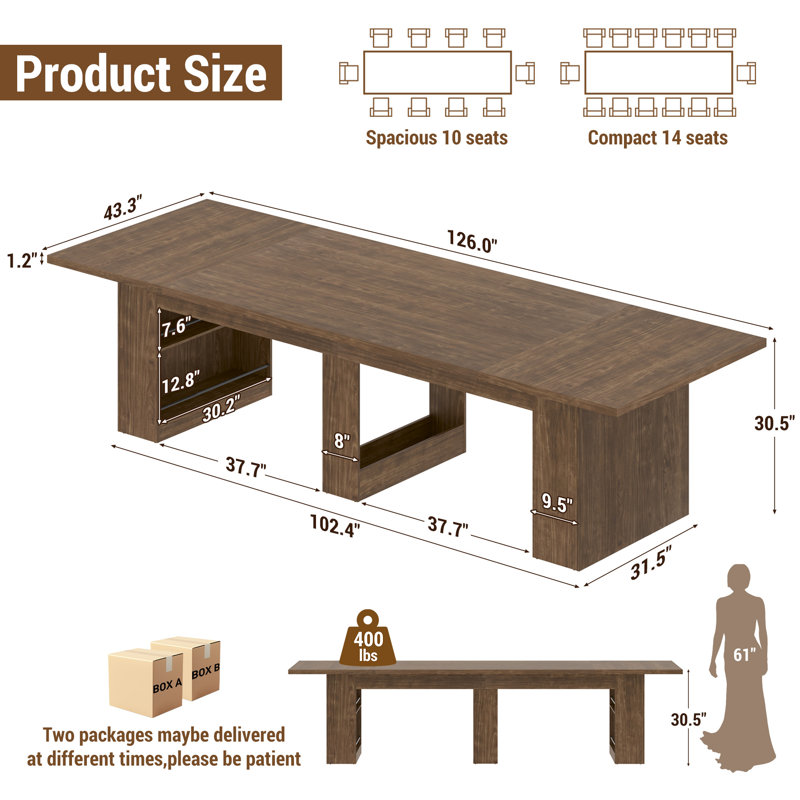 Table de salle à manger de style campagnard très long de 126 po pour 10 à 14 personnes, grande table rustique de cuisine et de salle à manger avec tablettes de rangement intégrées, base piédestal double robuste, noyer