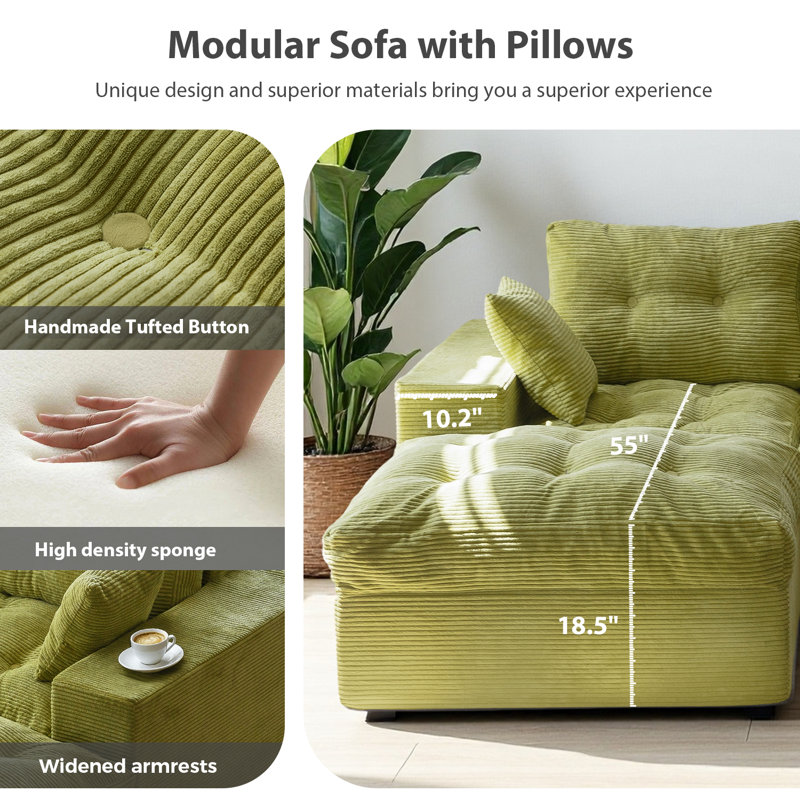 Corduroy Cloud Modular Couch,4-in-1 Flexible Combination Sectional Compression Sofa, Green, 22" H x 104" W x 37.75" D