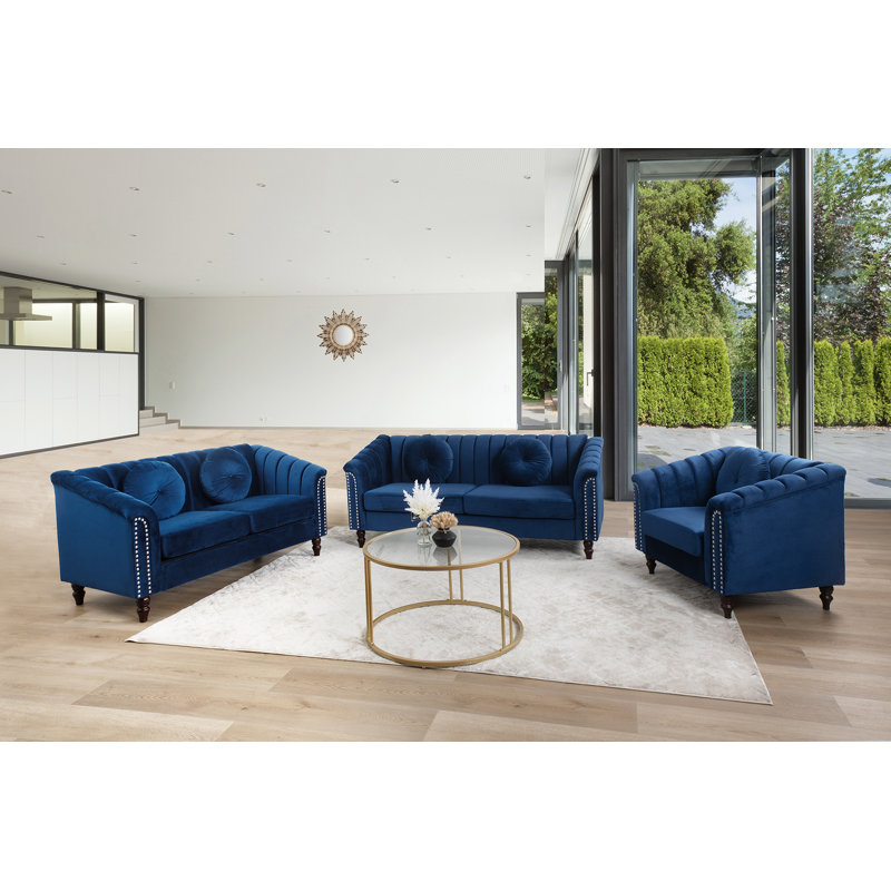 Ensemble de salon en velours 3 pièces Zetzaf, Bleu