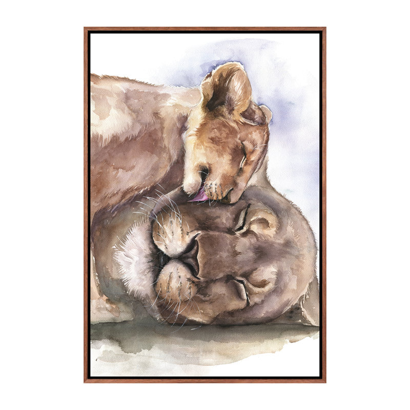 Happy Lions, art encadré, Toile classique avec cadre brun, H 26 po x l 18 po x 1,5 po