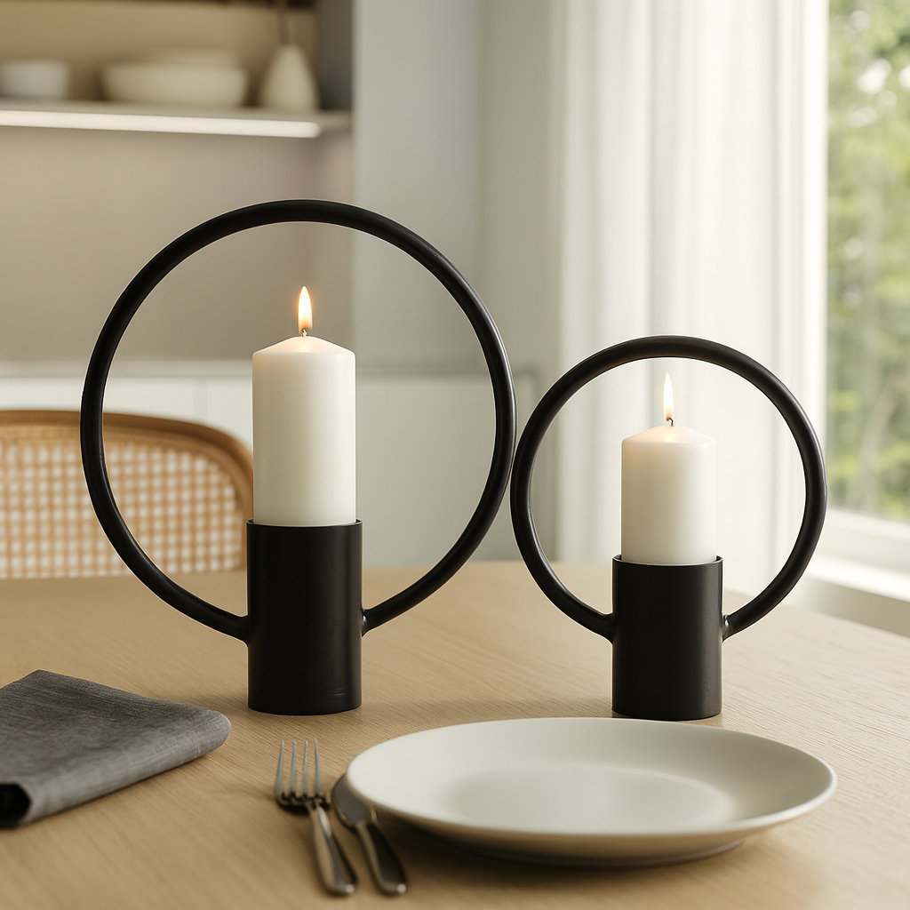 Merrin Set of 2 Metal Decorative Ring Candle Holders - Contemporary Abstract Black Aluminum Ring Candle Displays for Home or Office Decor