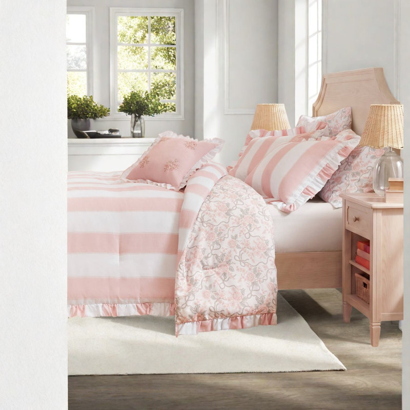 Pink Twin/Twin XL Bedding Sets, Microfiber Ruffle Comforter, Romantic Bedroom