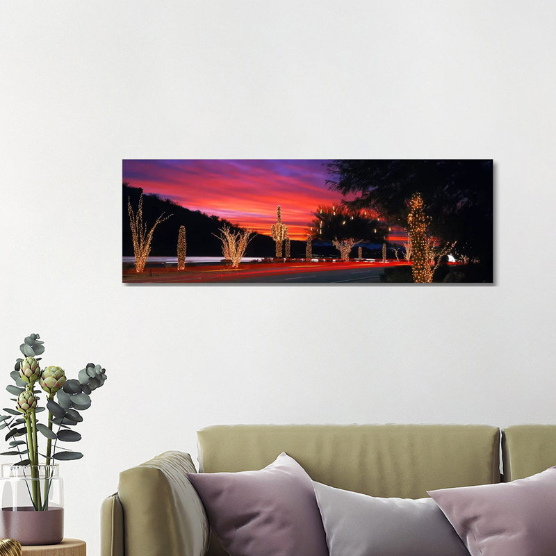 Christmas Lights On Roadside Cacti & Trees, Phoenix, Arizona, USA - Wrapped Canvas Panoramic Print