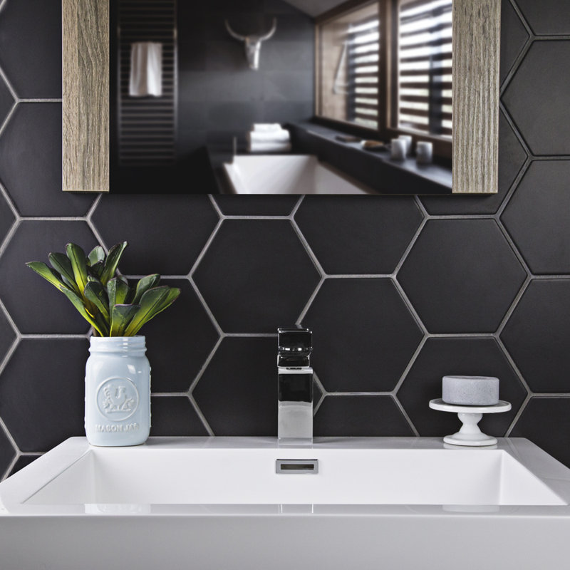 Geometric 6" x 7" Porcelain Patterned Floor Use Tile, Black Matte