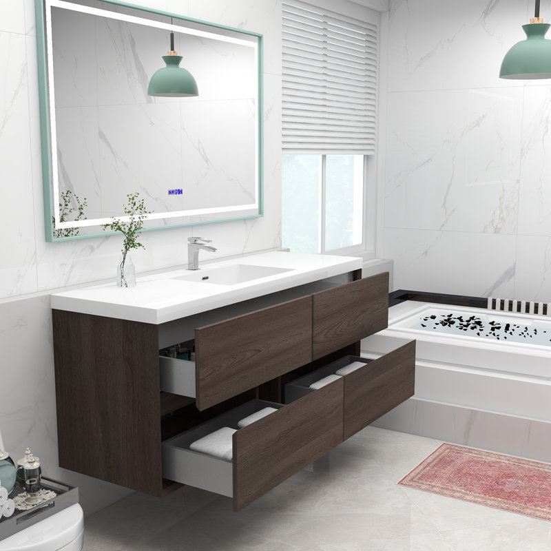 Ensemble de meuble-lavabo mural simple 60 po Momoe, Chêne rouge